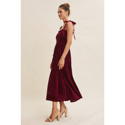 HOLIDAY CLASSIC VELVET SMOCKED MIDI DRESS WITH POCKETS