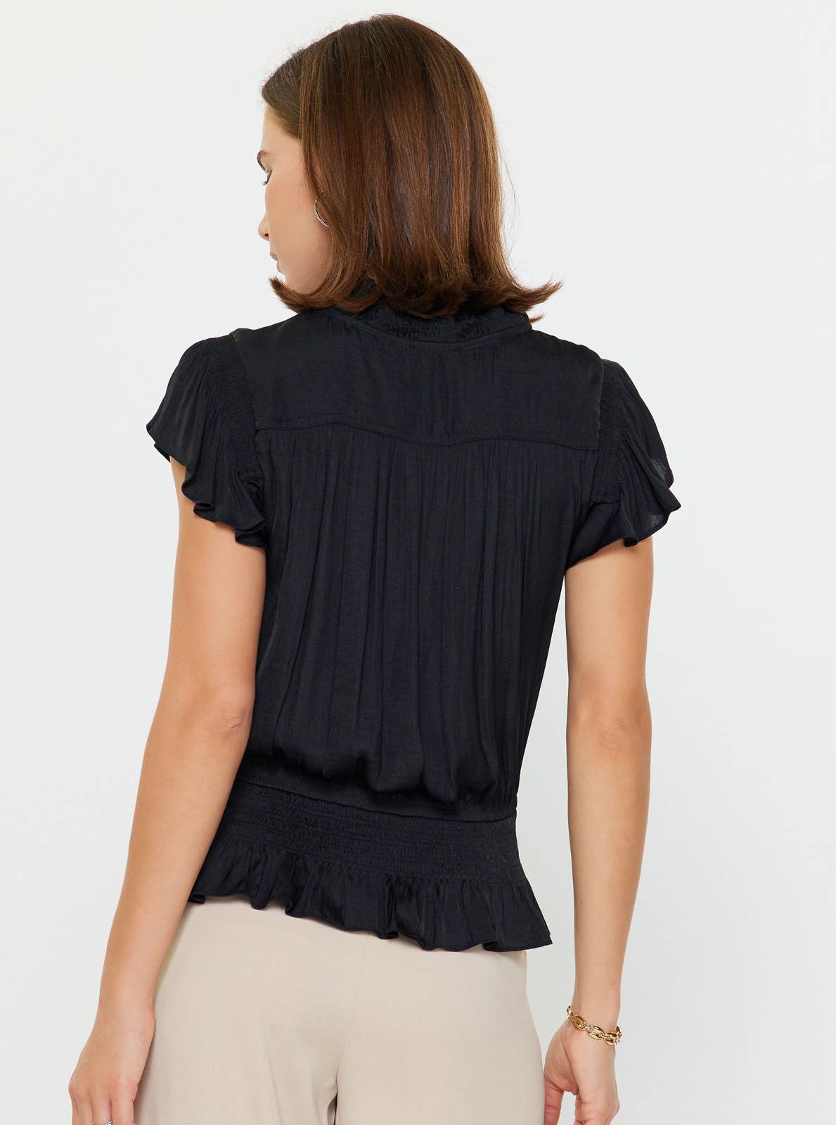 Smocking Waist Flutter Sleeve Blouse