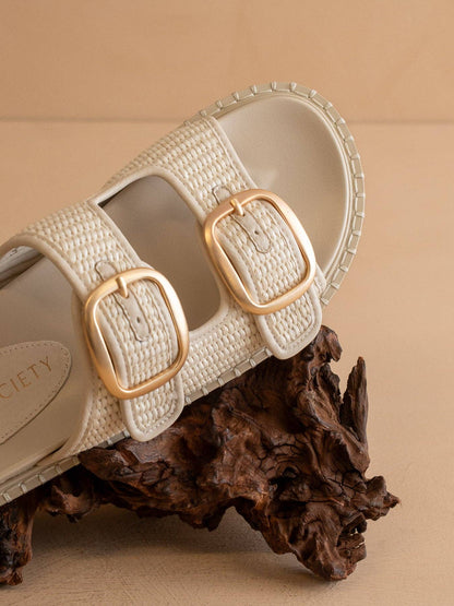 Daytona Slides | Ivory Two-Tone Raffia Gold Buckle Sandal