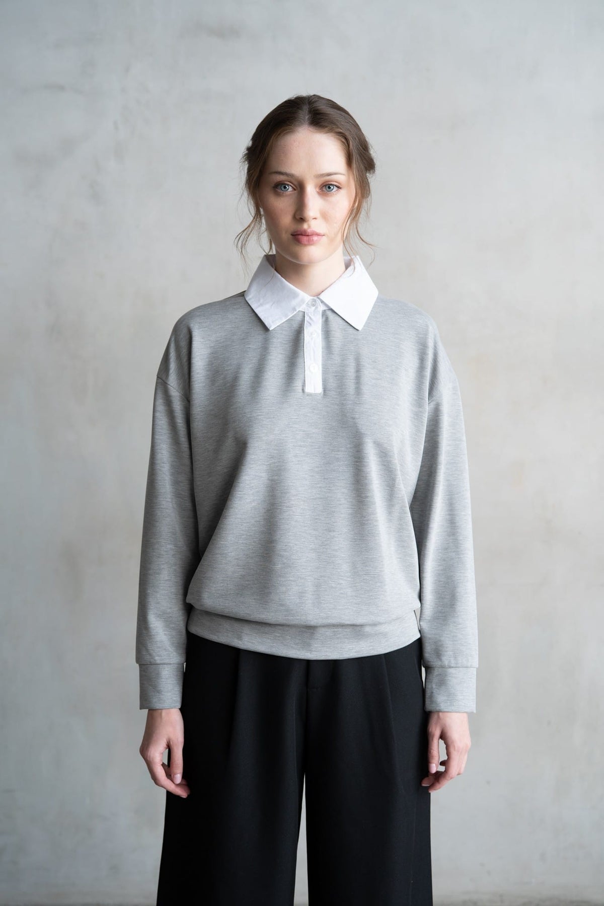 Heather grey long sleeve polo sweatshirt with white contrast collar and ribbed cuffs
