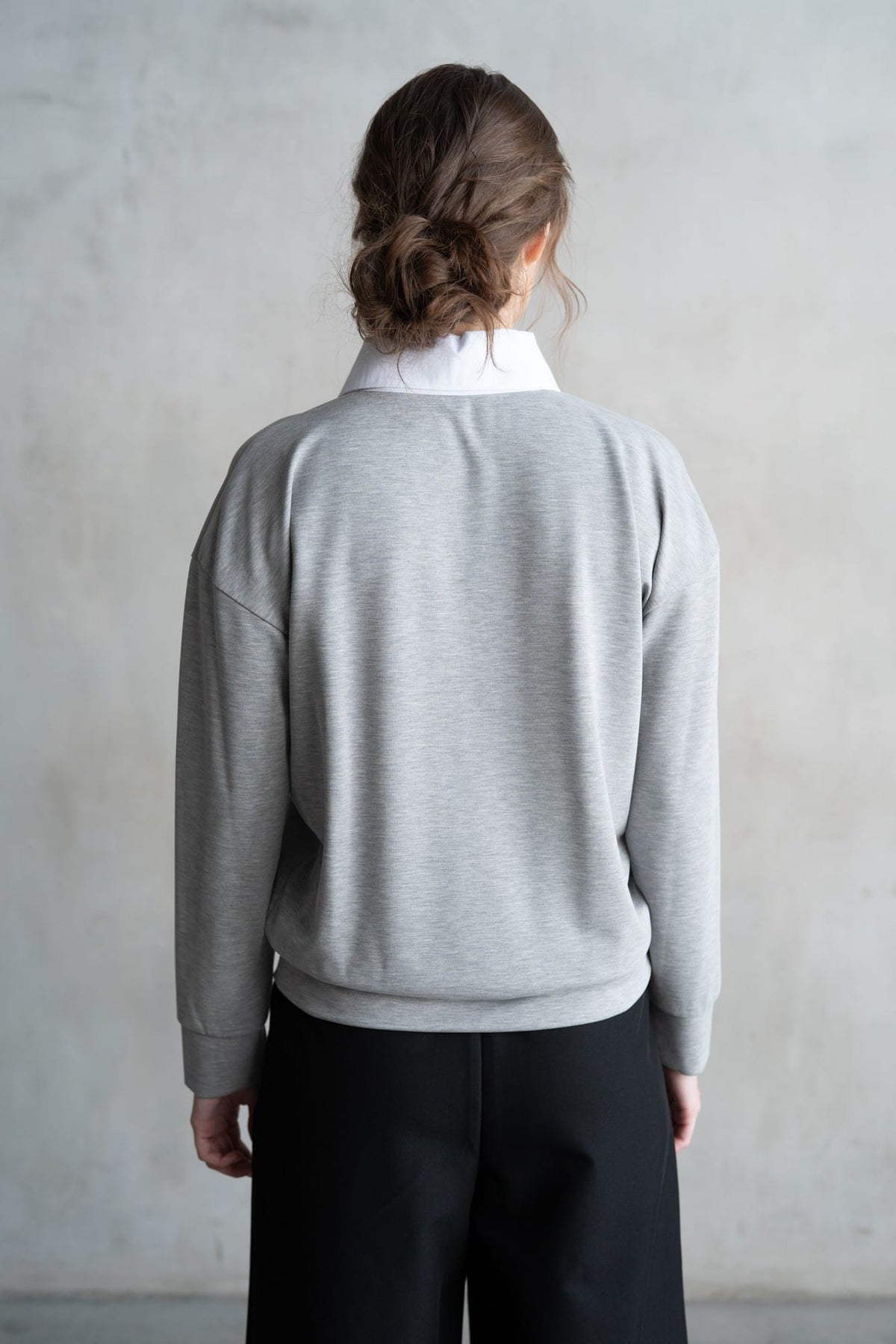 Grey marl long sleeve polo sweatshirt with white collar, back view