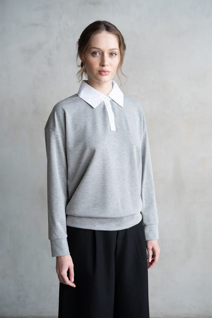 Elle Grey heather grey long sleeve polo sweatshirt with white collar
