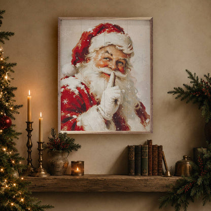 Framed vintage Santa Claus wall art with finger to lips, shushing gesture