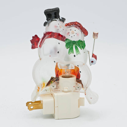 Snowmen Couple Campfire Night Light With Holly, Plug-In