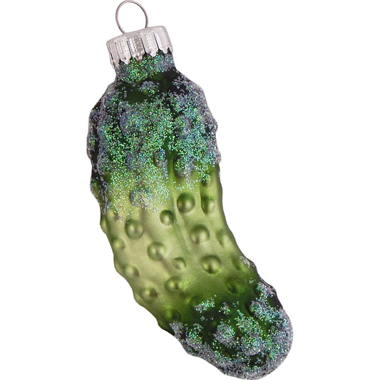 Glass pickle-shaped Christmas ornament with bumpy texture, glitter accents, and silver metal cap with hanging loop