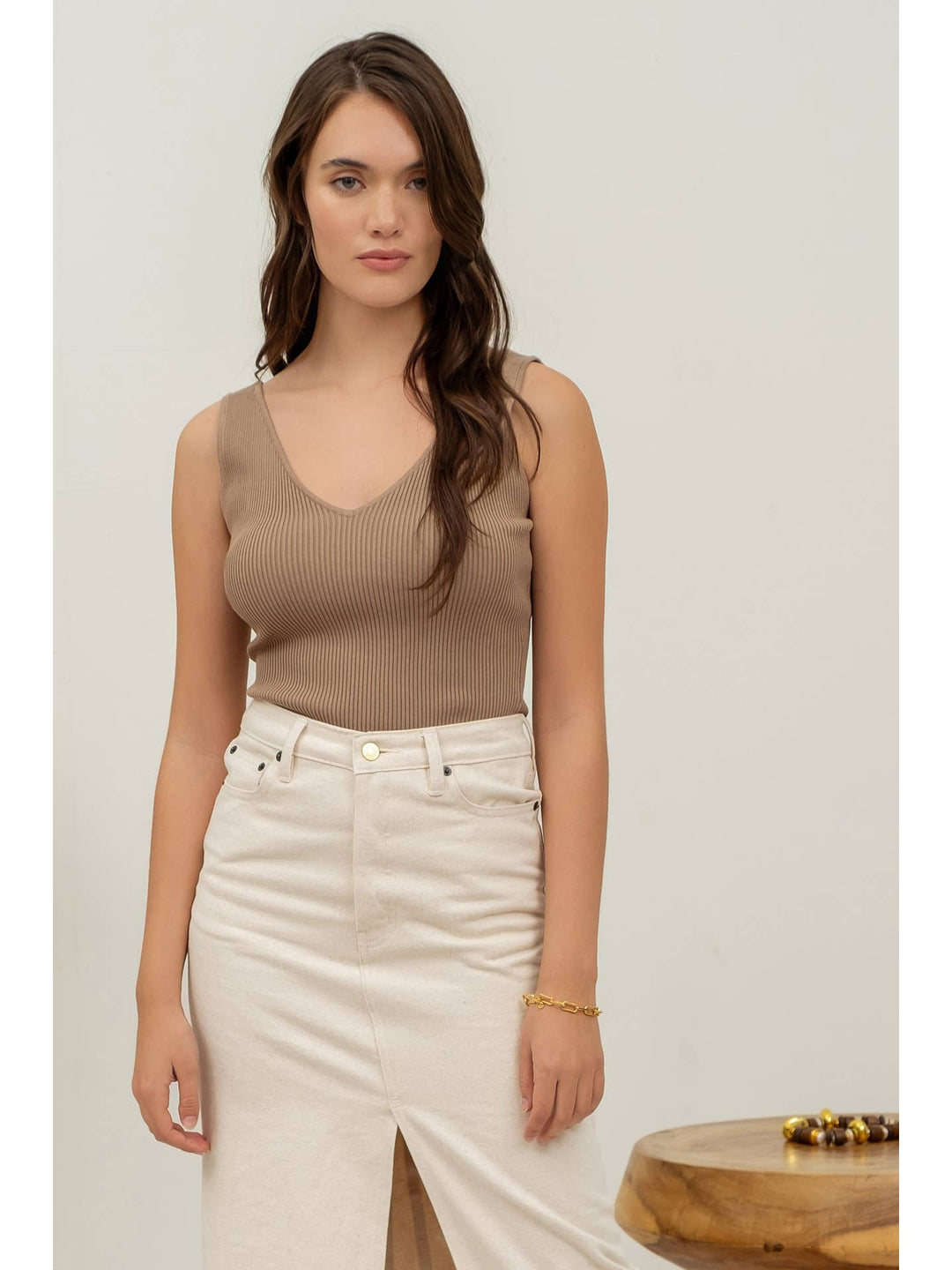 V  neck sleeveless ribbed tank top