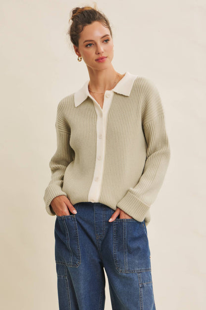 SOFTLY STRUCTURED CONTRAST RIBBED SWEATER CARDIGAN