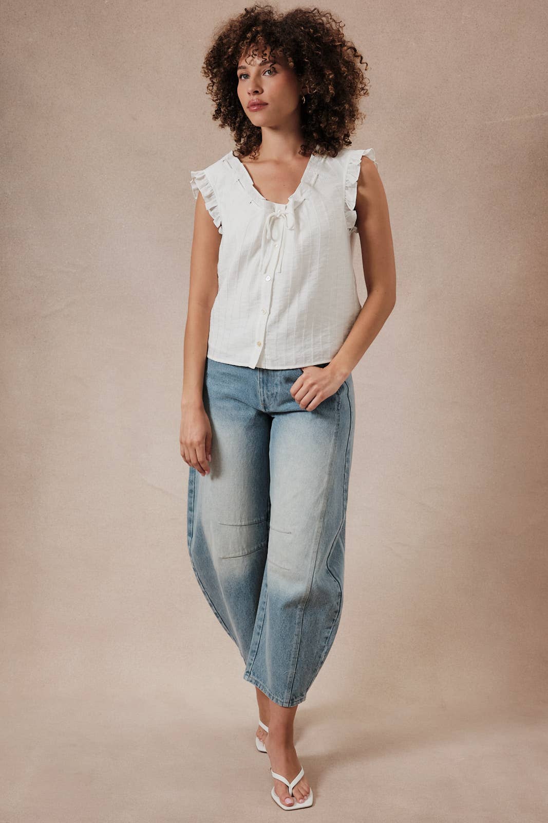 Lace Through Scoop Neck Sleeveless Button Up Top With Ruffle