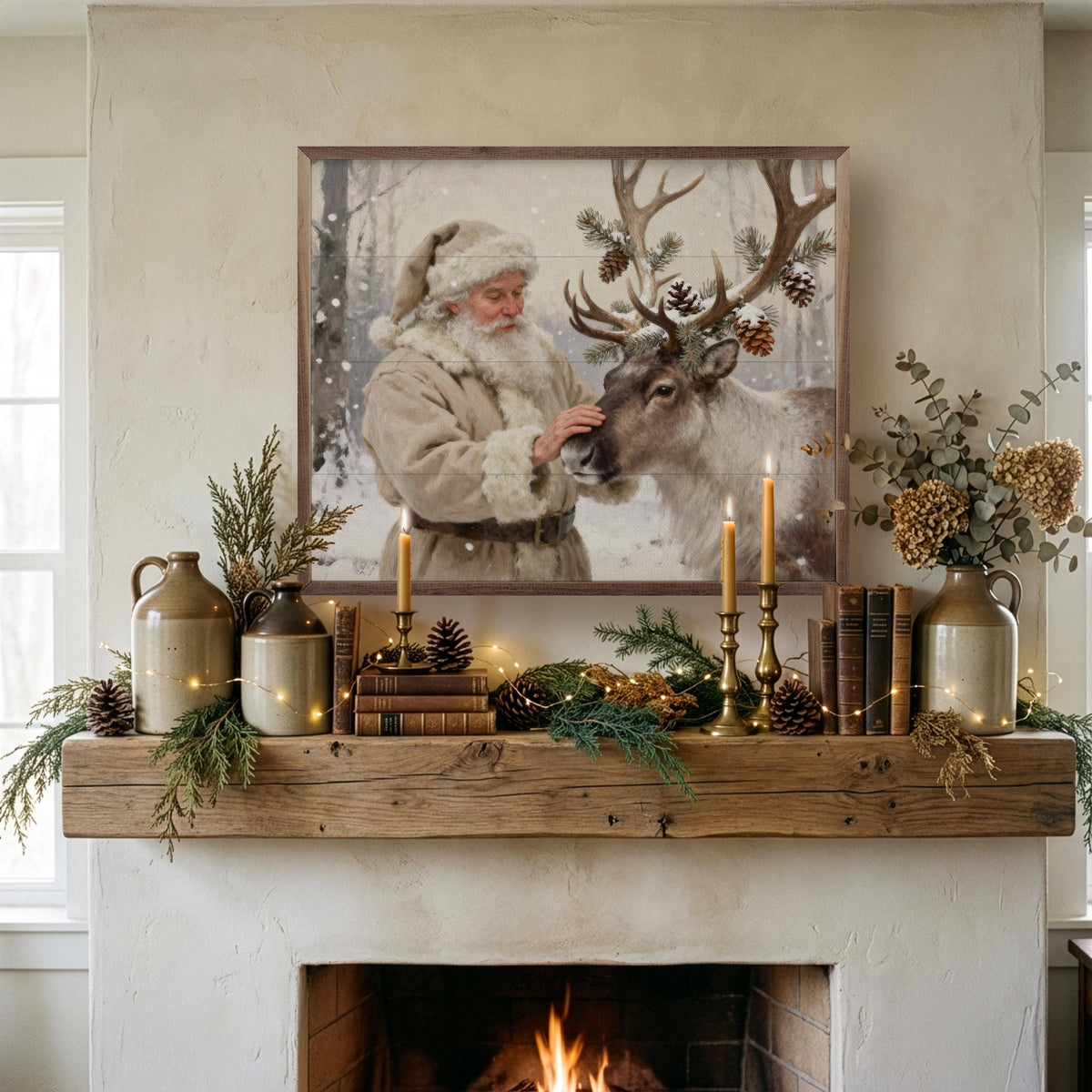 Framed Santa and reindeer art print displayed on a rustic Christmas fireplace mantel