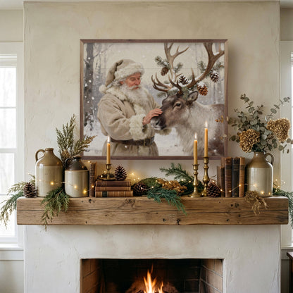Framed Santa and reindeer art print displayed on a rustic Christmas fireplace mantel