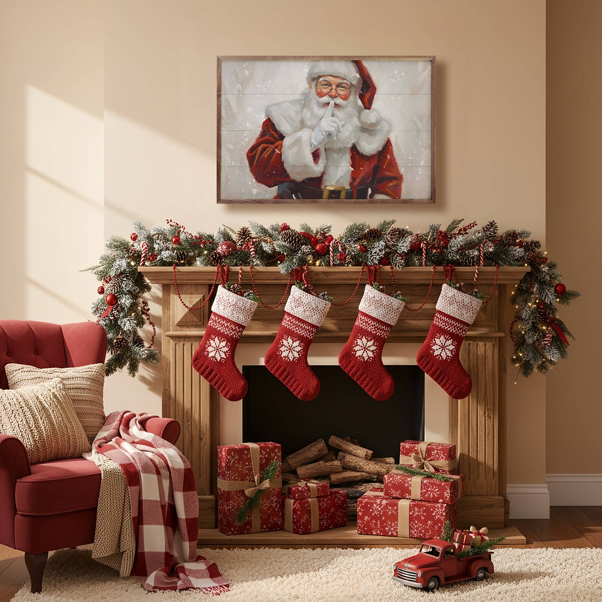 Framed Santa Claus shushing wall art above decorated fireplace with red stockings