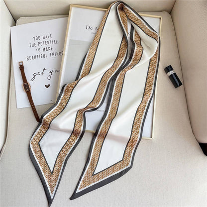 THIN SIMPLE GEOMETRIC LONG SILK HEAD SCARF_CWASC1521: Brown / (OS) 1