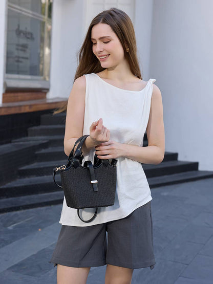 M2830 Serenity Straw Bucket Bag w/ Dual Handles & Strap Closure