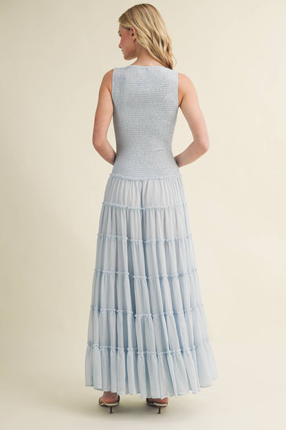Smocked Boat Neck Tiered Maxi Dress