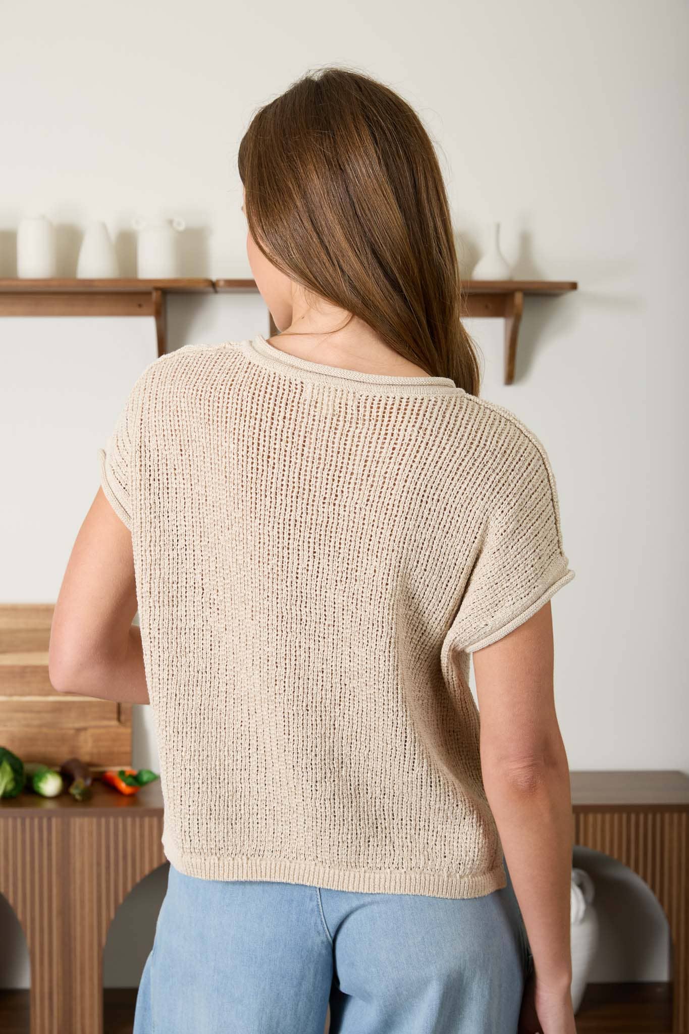 Split Neck Raw Edge Short Sleeve Top