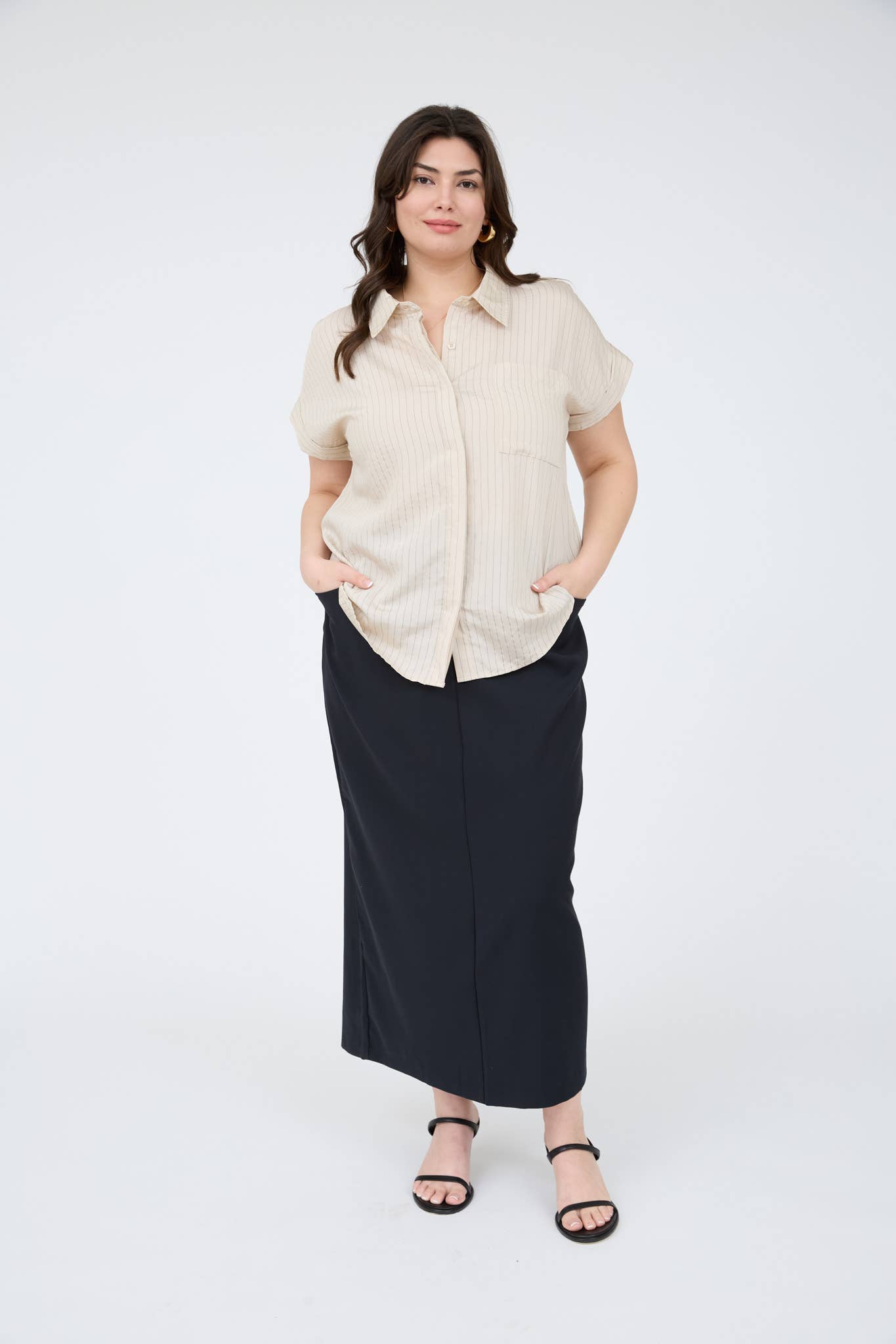 PLUS PINSTRIPE SHORT SLEEVE COLLARED SHIRT