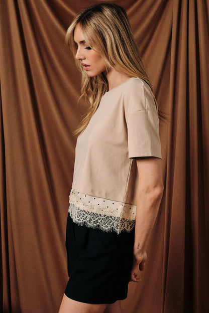 Cropped Boxy Tee with Contrast Polka Dot Lace Trim