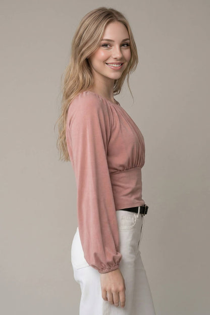 SOFT BRUSHED KNIT FLOWY RUCHED BALLOON SLEEVE TOP - 45980T