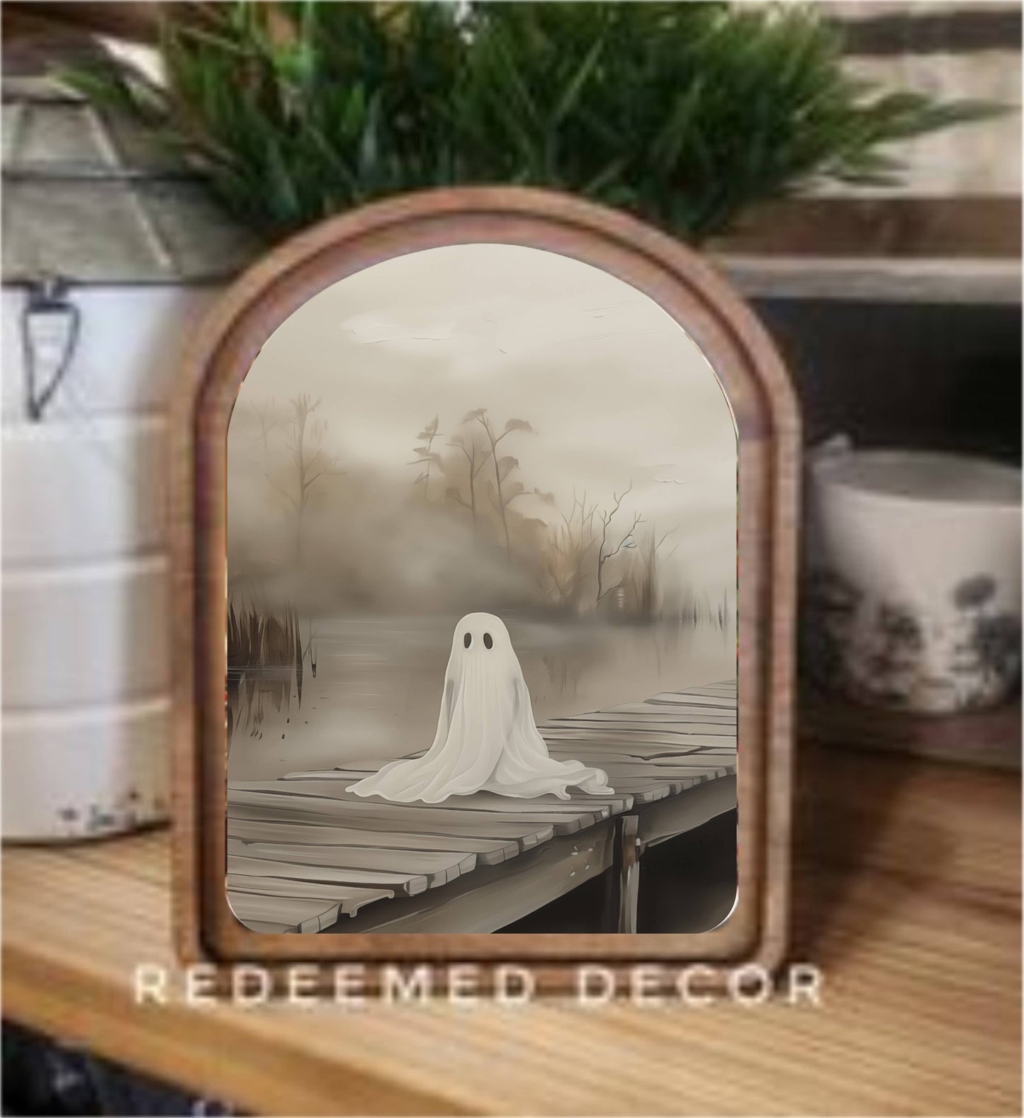 Arch top framed ghost art on wooden dock with misty swamp background