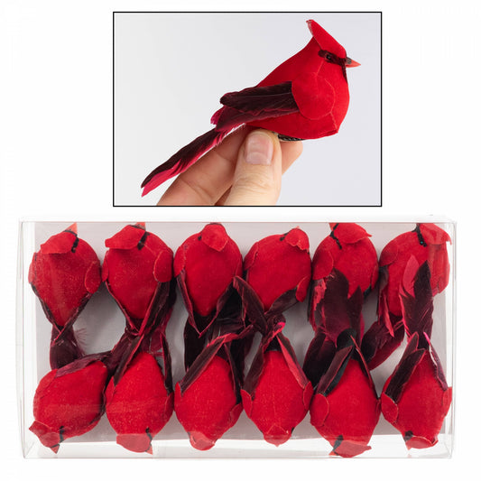 Box of twelve clip-on artificial red cardinal bird ornaments with feathered wings, shown with size reference