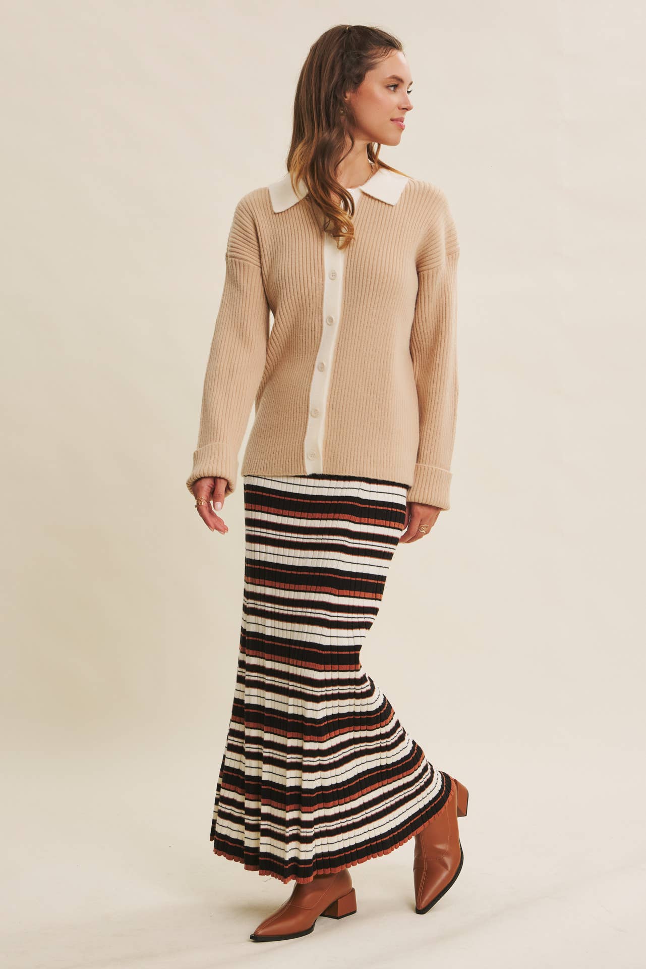 SOFTLY STRUCTURED CONTRAST RIBBED SWEATER CARDIGAN