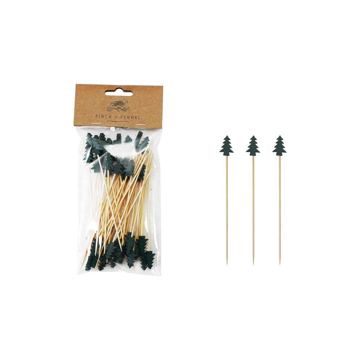 Bamboo skewers with dark green tree-shaped handles, set of 50 in clear packaging