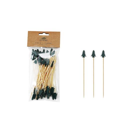Bamboo skewers with dark green tree-shaped handles, set of 50 in clear packaging