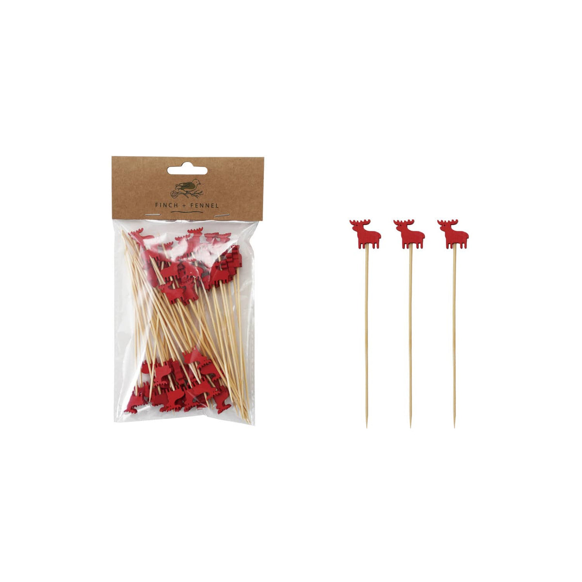 Red moose-shaped bamboo skewers set of 50 in packaging with three picks displayed