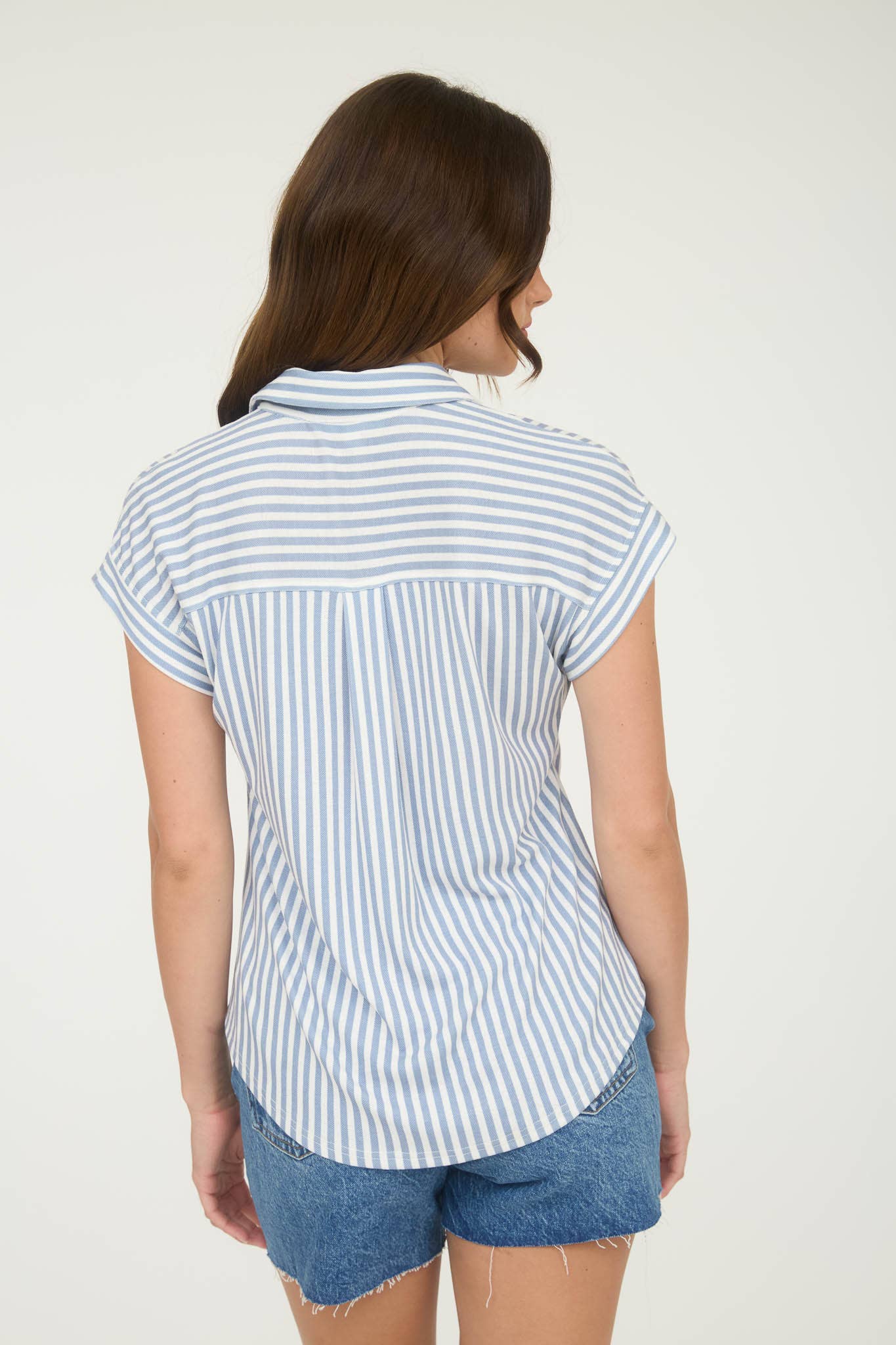 Blu Pepper blue white stripe collared short sleeve button down shirt back view