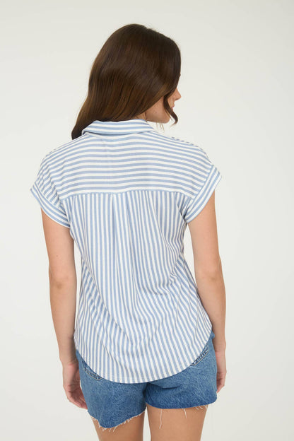Blu Pepper blue white stripe collared short sleeve button down shirt back view