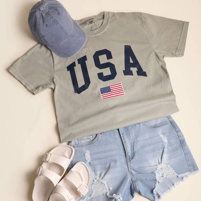 **Pre-Order**  USA American Flag Varsity Garment-Dyed Heavy Cotton T-Shirt