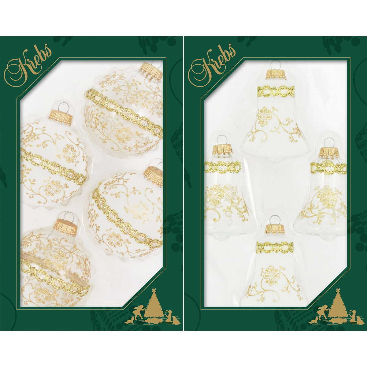 Two boxed sets of glass Christmas ornaments: round balls and bell shapes with gold lace designs