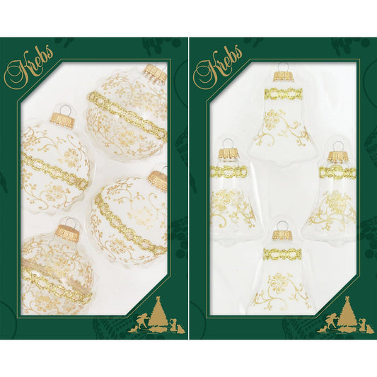 Two boxed sets of glass Christmas ornaments: round balls and bell shapes with gold lace designs