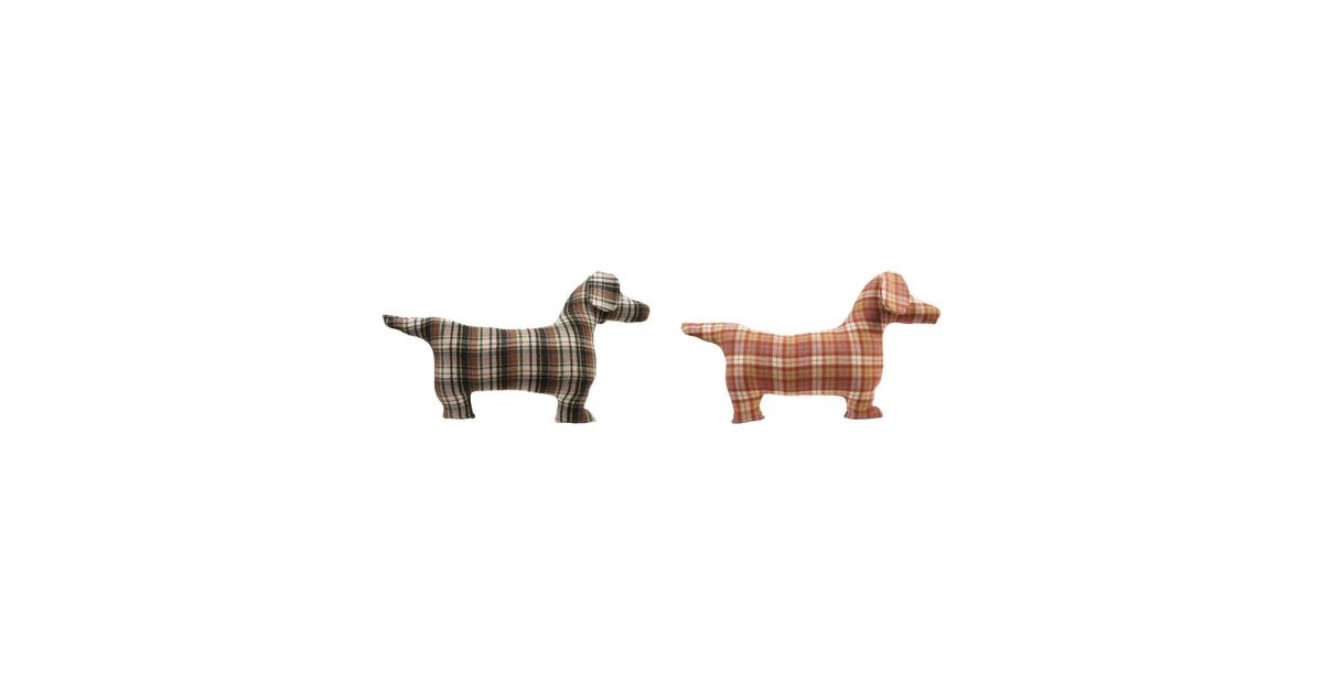 Two dachshund-shaped fabric pillows in plaid patterns, side profile view showing both color variants