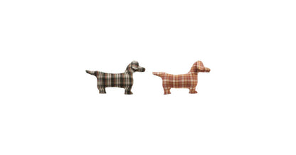 Two dachshund-shaped fabric pillows in plaid patterns, side profile view showing both color variants