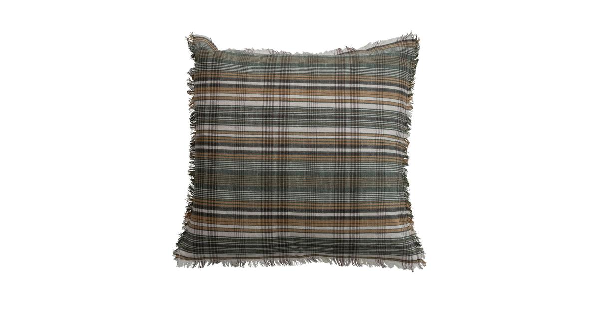 Square plaid pillow with eyelash fringe edges, green brown and white tartan pattern, front view