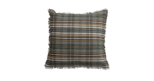 Square plaid pillow with eyelash fringe edges, green brown and white tartan pattern, front view