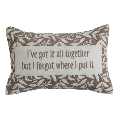 Rectangular decorative pillow with floral border and humorous quote about forgetfulness