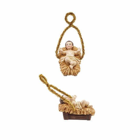 Two resin Baby Jesus in manger ornaments with gold tinsel hanging loops, front and side views