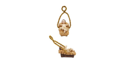 Resin Baby Jesus figurine ornament with gold tinsel hanger, shown front and side views