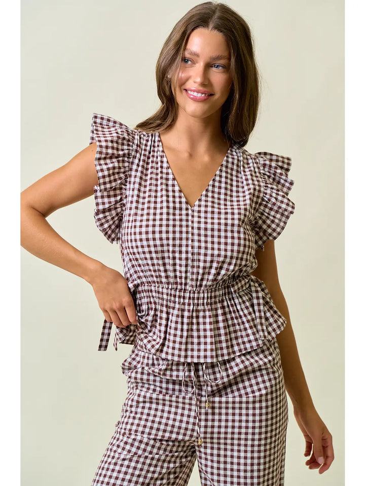 Brown Gingham Ruffle Peplum Top w/ Side Tie