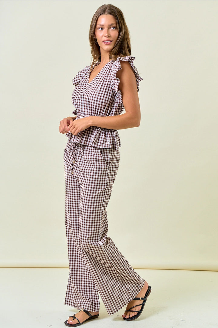 Brown Gingham Ruffle Peplum Top w/ Side Tie