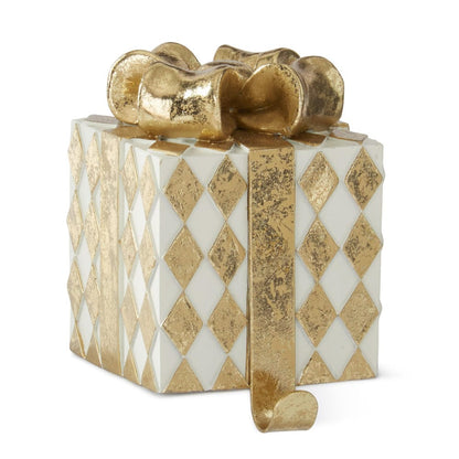Decorative gift box stocking holder with gold harlequin pattern, gold bow, and hook
