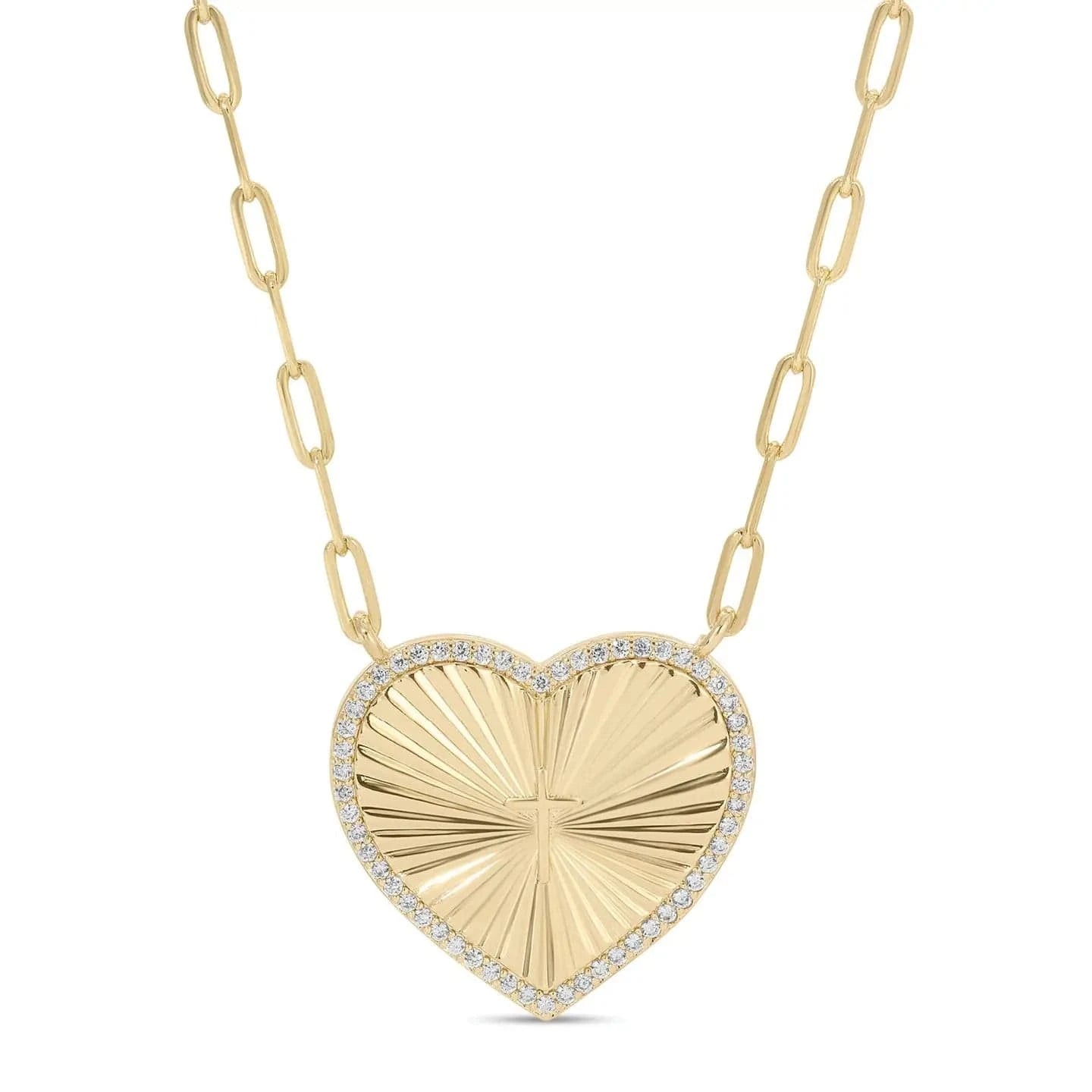 Pave cross accented heart burst paperclip necklace