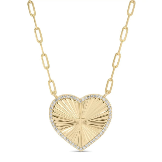 Pave cross accented heart burst paperclip necklace