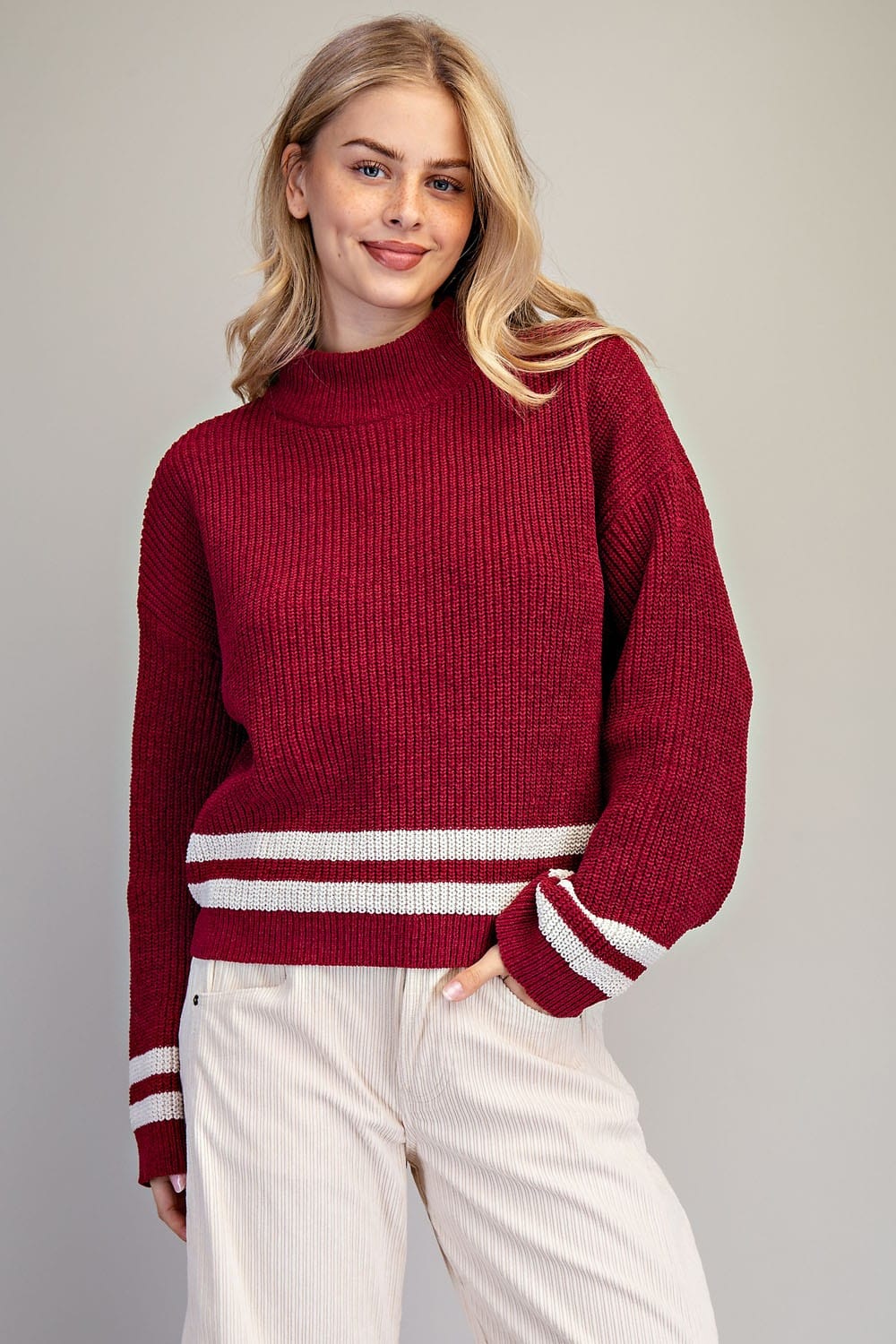 Mock Neck Stripe Detailing Long Sleeve Sweater