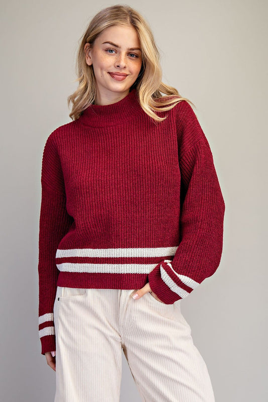 Mock Neck Stripe Detailing Long Sleeve Sweater