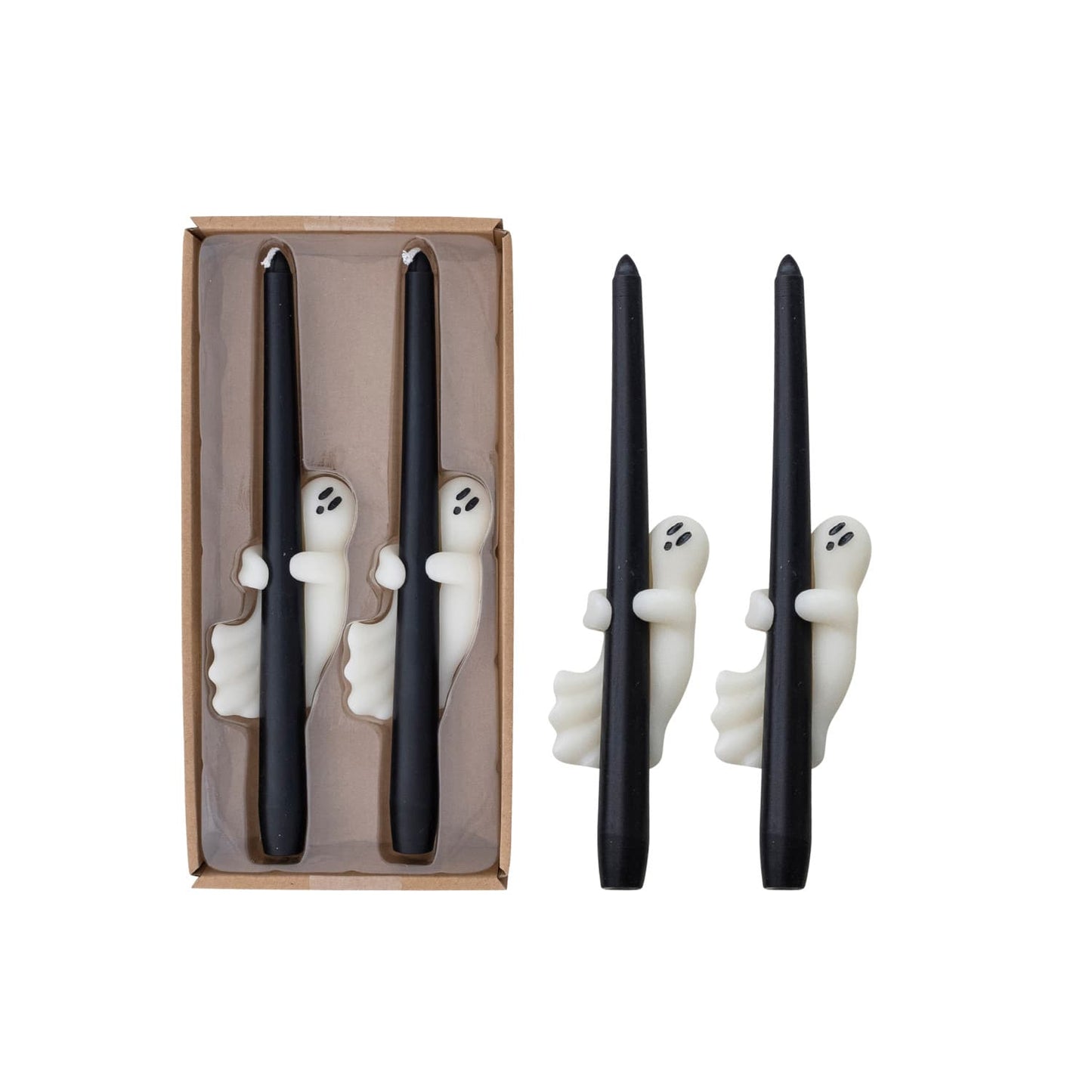 Black taper candles with white ghost figures, set of 2 in kraft box
