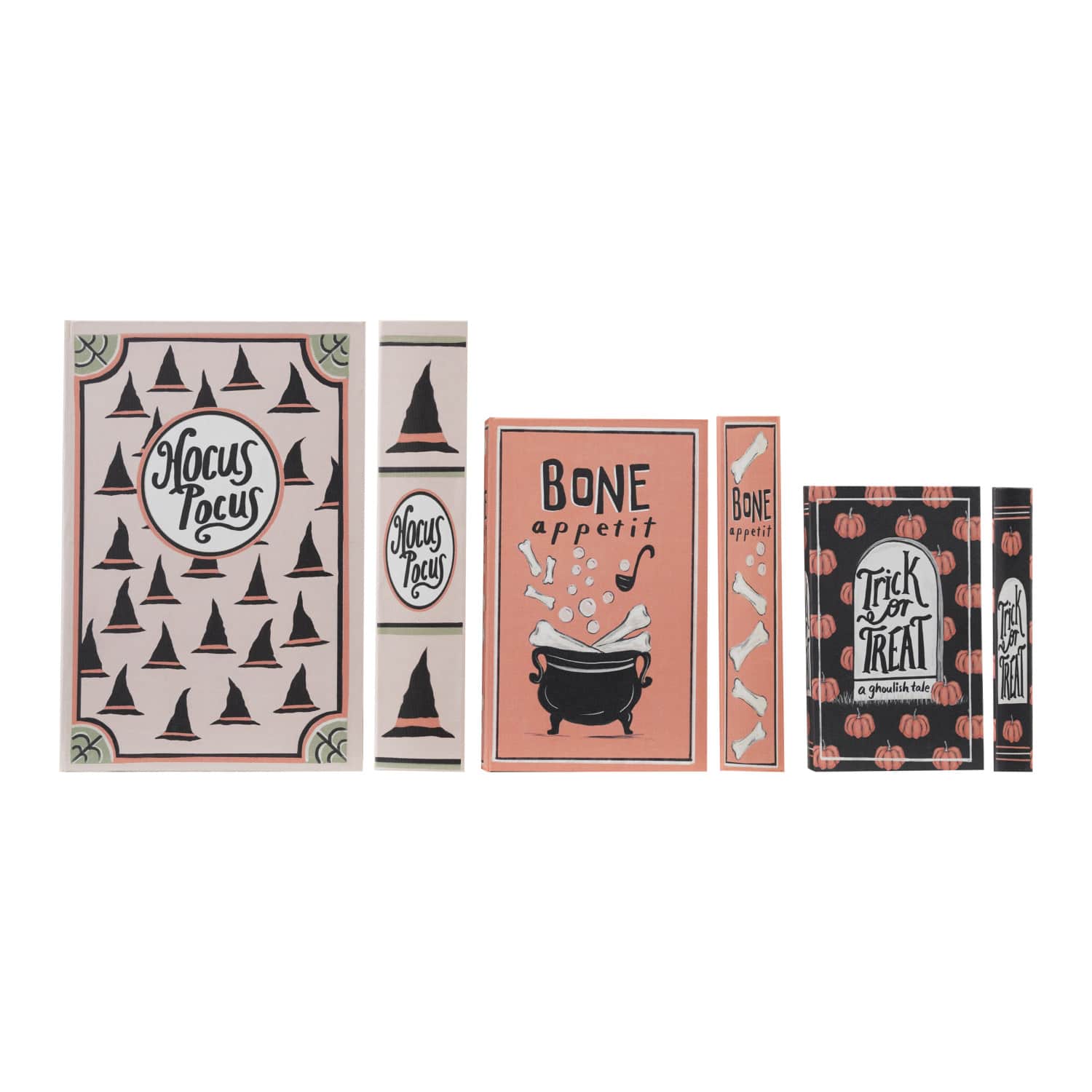 Three Halloween-themed MDF book storage boxes: Hocus Pocus, Bone Appetit, Trick or Treat