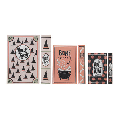 Three Halloween-themed MDF book storage boxes: Hocus Pocus, Bone Appetit, Trick or Treat